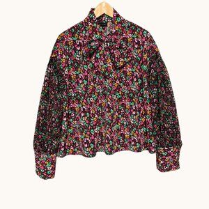 Who What Wear Womens Tie‎ Neck Balloon Sleeve Top XXL Green Pink Abstract Floral